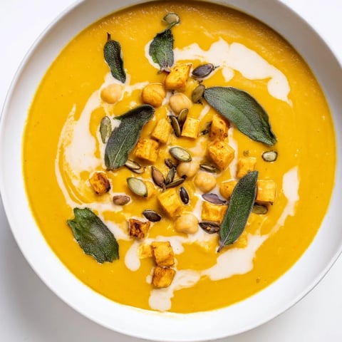 Creamy Chickpea, Pumpkin & Sage Soup, garnished with toasted seeds, a warming autumn meal.