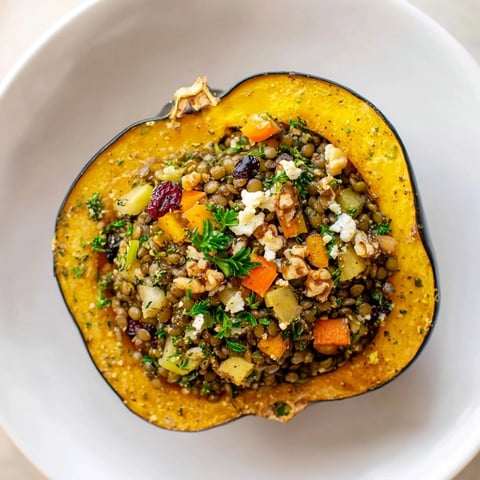 Golden-brown Lentil & Walnut Stuffed Acorn Squash, a vegetarian delight, ready to serve warm.