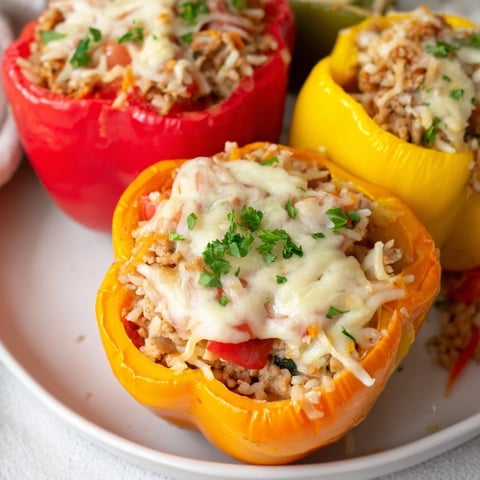 Golden-brown stuffed peppers, a hearty meal of ground turkey and rice, baked beautifully in a dish.