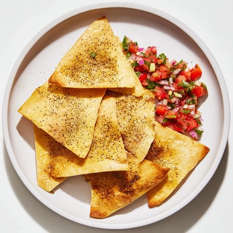 Golden, crispy air-fryer tortilla chips ready to be dipped into a vibrant homemade salsa.