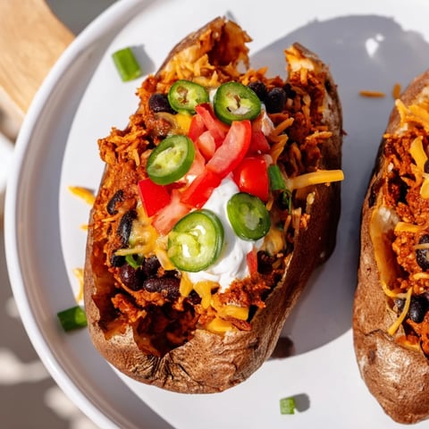 A loaded baked potato with chili, cheese, and fresh toppings: a delicious comfort meal.