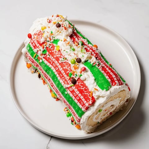 Vibrant Ugly Sweater Cake Roll with colorful frosting and festive holiday sprinkles, ready to serve.