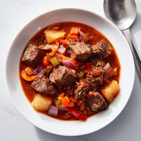A steaming bowl of Smoked Paprika & Garlic Beef Stew, rich with tender beef and vegetables.