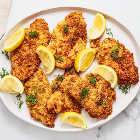 Golden-brown pickle-brined chicken cutlets, crispy on the outside, ready to be enjoyed with fresh dill.