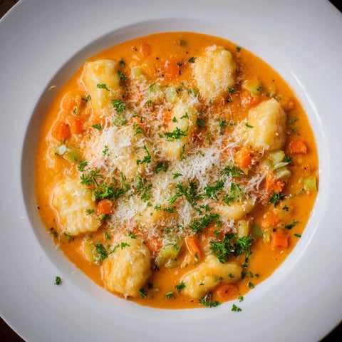 Steaming bowl of Savory Butternut Squash Gnocchi Soup, garnished with Parmesan and fresh parsley.