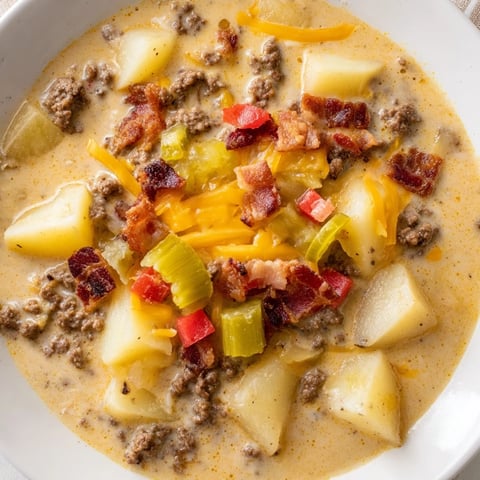 Crockpot Cheeseburger Soup overflowing in a bowl, with melty cheese and crispy bacon, ready to eat.
