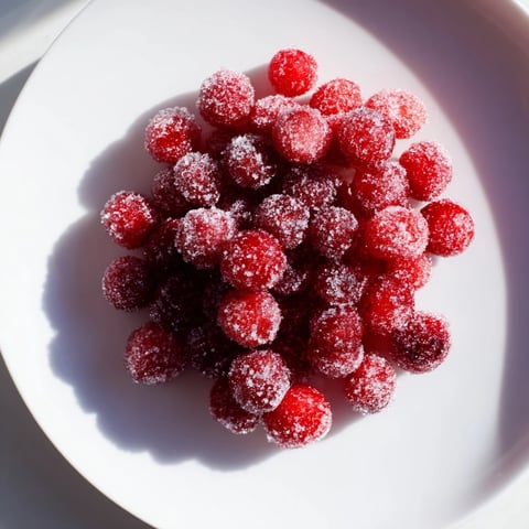 Close-up photo of glistening Vegan Candied Cranberry Garnish, sweet and ready to top a dessert.