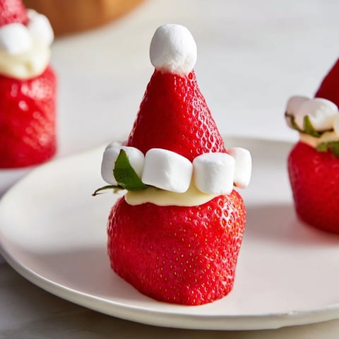 Bright red air fryer Santa hat strawberries, a festive holiday treat with creamy cheesecake filling and marshmallow tops.
