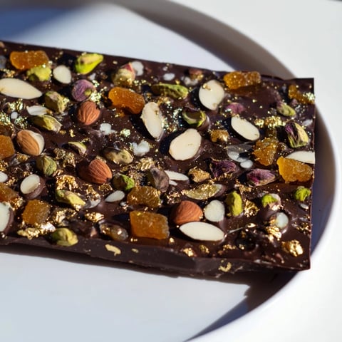 A beautiful close-up of Simplified Dubai Chocolate Bark, studded with nuts and dried fruits, ready to eat.