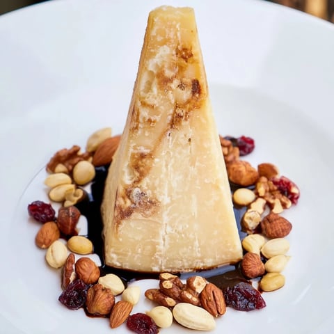 Artistic cheese platter "The Sundial" with balsamic shadow, nuts representing hours, ready to serve.