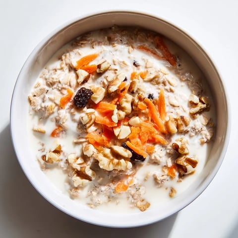 A close-up of creamy Carrot Cake Overnight Oats topped with nuts and a sweet drizzle.