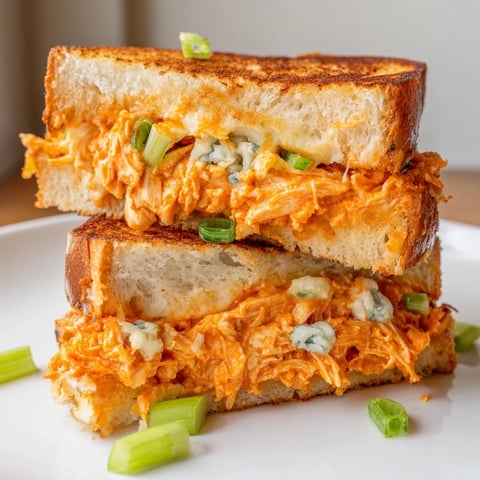 Golden, melted Buffalo Chicken Grilled Cheese, overflowing with cheese, served hot with extra buffalo sauce.