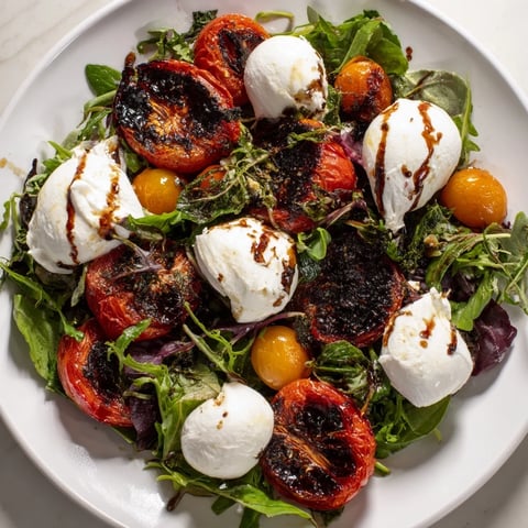 Vibrant Charred Tomato Salad with Burrata, featuring blistered tomatoes, creamy cheese, and fresh basil.