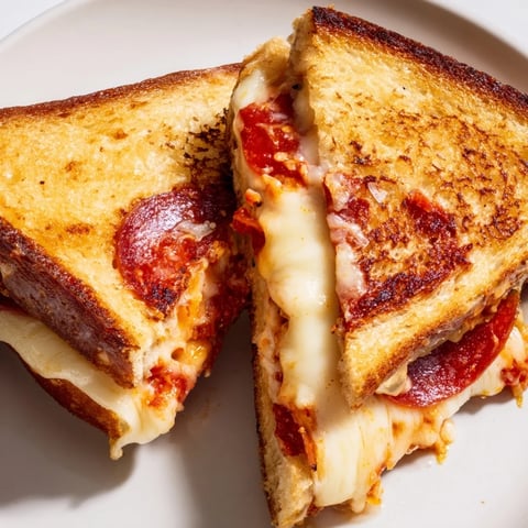 Golden-brown Pizza Grilled Cheese sandwich, oozing melted mozzarella cheese, ready to be devoured.