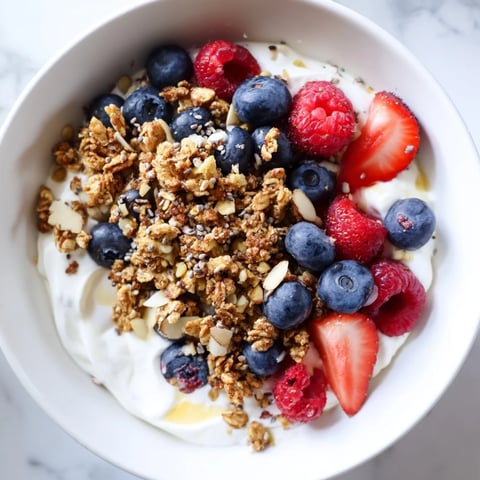 Creamy dry yogurt bowl layered with granola, fresh berries, and a protein boost for a quick breakfast.