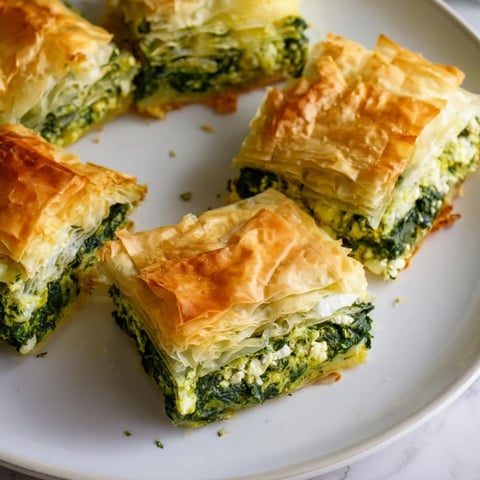 Golden, flaky Greek Spanakopita, filled with spinach and feta, ready to cut and serve.
