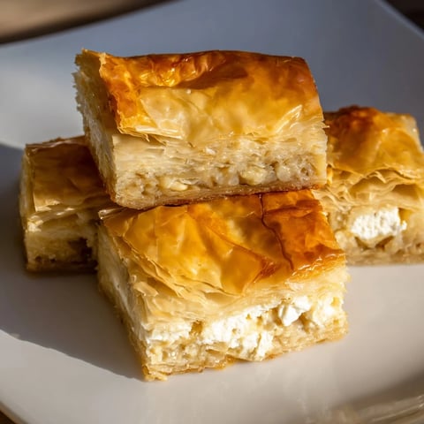 Golden, flaky Serbian Gibanica, a layered cheese pie with a wonderfully savory, creamy filling.