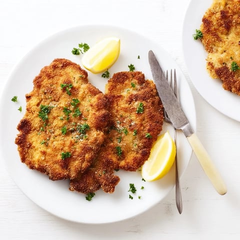 Golden-brown Crispy Parmesan Chicken Cutlet rests on a plate with fresh parsley and lemon wedges.  