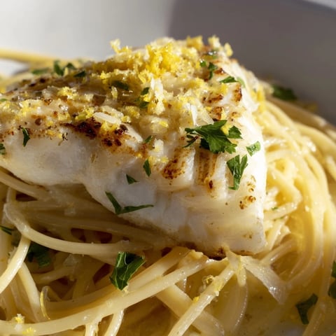 Flaky grilled sea bass rests atop strands of spaghetti coated in a vibrant lemon-butter sauce, garnished with fresh parsley.