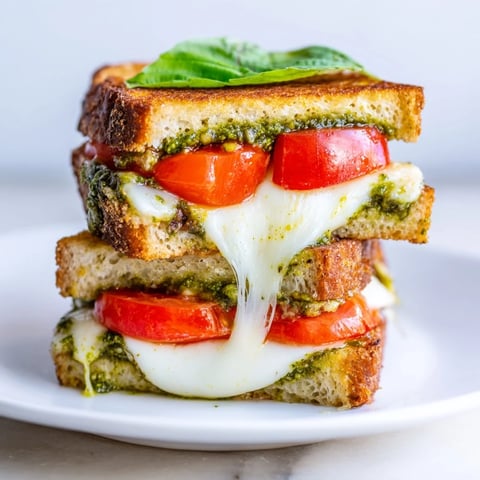 Golden, crispy sourdough slices hugging melted mozzarella, vibrant tomato rounds, and fragrant basil pesto in this Caprese Pesto Grilled Cheese.