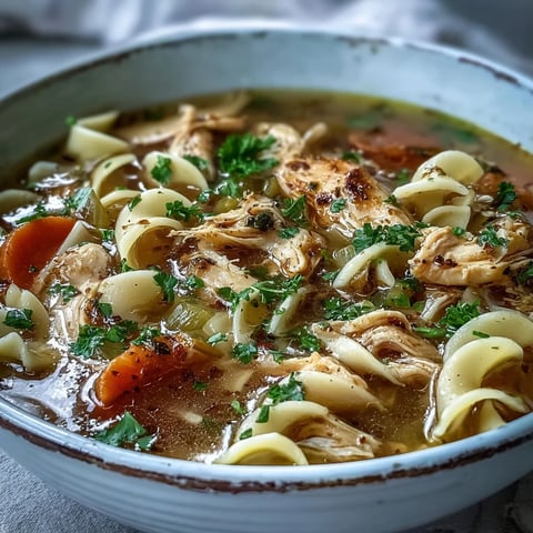 Homemade Chicken and Noodle Soup with tender shredded chicken, carrots, celery, and wide egg noodles in a golden, savory broth.