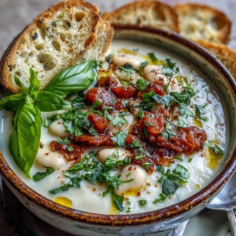 Creamy White Bean Soup with Tomato topped with fresh parsley and a slice of crusty bread.