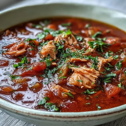 Hearty Tuna and Tomato Soup served in a rustic bowl with fresh parsley and crusty bread on the side.