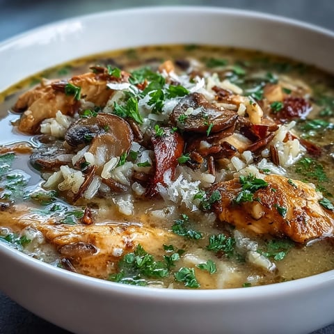 A bowl of Parmesan Mushroom Chicken and Wild Rice Soup topped with fresh parsley, with creamy broth and visible wild rice grains.