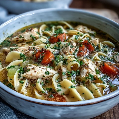 Steamy, golden Chicken Noodle Soup with tender carrots, celery, and herbs in a rich broth, ready to serve.
