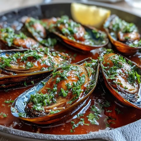 Smoky Mussels Pomodoro simmered in a rustic pot with tomato-rich broth, fresh parsley, and lemon wedges.