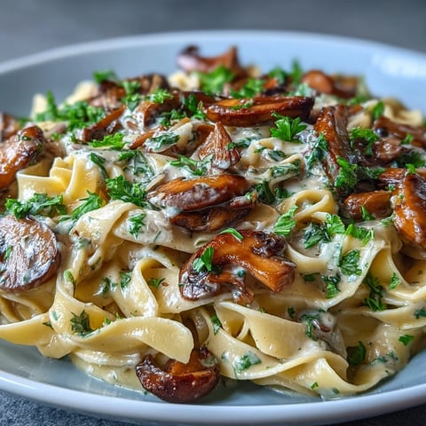 Creamy Mushroom Stroganoff features golden sautéed mushrooms and a rich, tangy sauce over tender fettuccine noodles.  