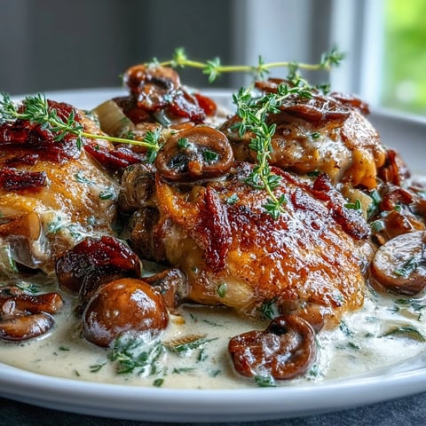 Tender, skin-on chicken thighs simmered in creamy rosé wine sauce with mushrooms, carrots, and herbs, garnished with fresh parsley.  