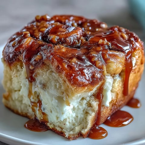 Warm slices of Caramel Cream Cheese Bread reveal a gooey cheesecake swirl and sweet caramel ribbon on a rustic wooden board.