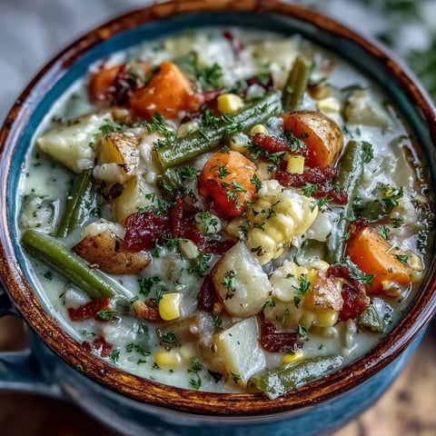 Creamy Amish Snow Day Soup with tender vegetables and fresh parsley garnish in a rustic bowl.