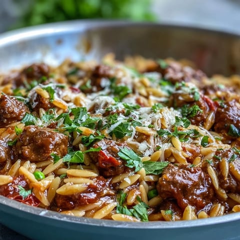 A close-up of a bubbling skillet of Comforting Ground Beef Orzo Dinner with bell peppers and melted Parmesan.