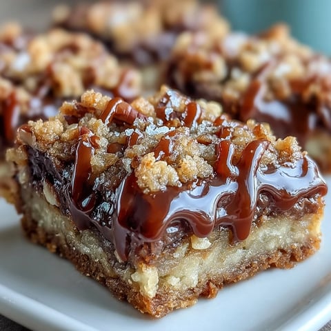 Golden-brown Decadent Sweet and Chewy Turtle Bars with gooey caramel and melted chocolate.