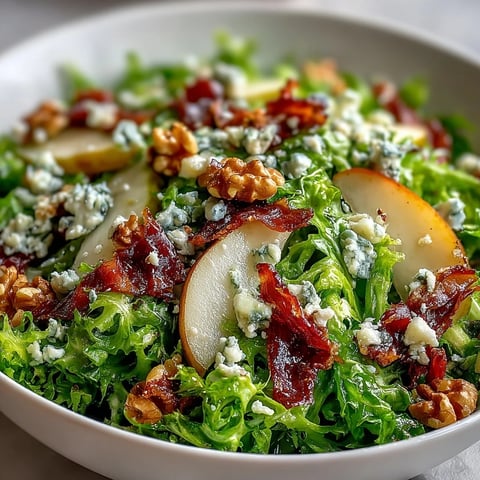 A vibrant Frisée Pear Blue Cheese Bowl salad with crisp frisée, juicy pear slices, and crumbled blue cheese topped with crispy prosciutto.