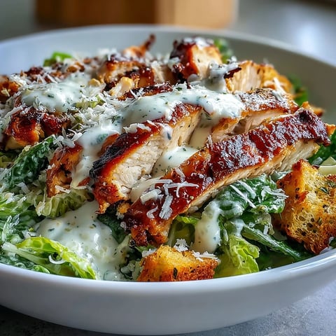 Juicy grilled chicken breast slices sit atop crisp romaine, topped with Caesar dressing, parmesan, and crunchy croutons in a vibrant bowl.  