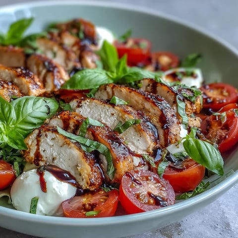 Sliced grilled chicken, creamy mozzarella, and ripe tomatoes in a vibrant Caprese Chicken Bowl, drizzled with tangy balsamic glaze.