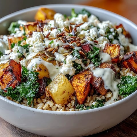 Warm farro and roasted root vegetables in a hearty winter grain bowl, topped with sautéed kale and creamy tahini dressing.