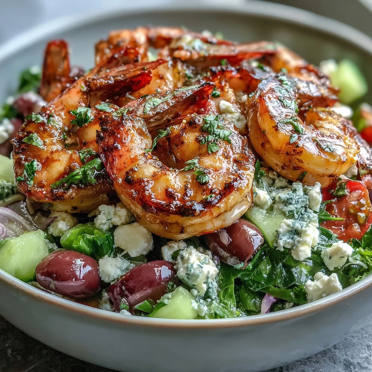 Grilled shrimp for a Greek Shrimp Bowl topped with crumbled feta, cherry tomatoes, and cucumber.