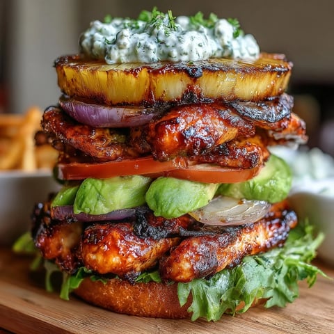 Juicy grilled chicken breasts layered with caramelized pineapple, crisp lettuce, and vibrant vegetables in hearty stacks.  