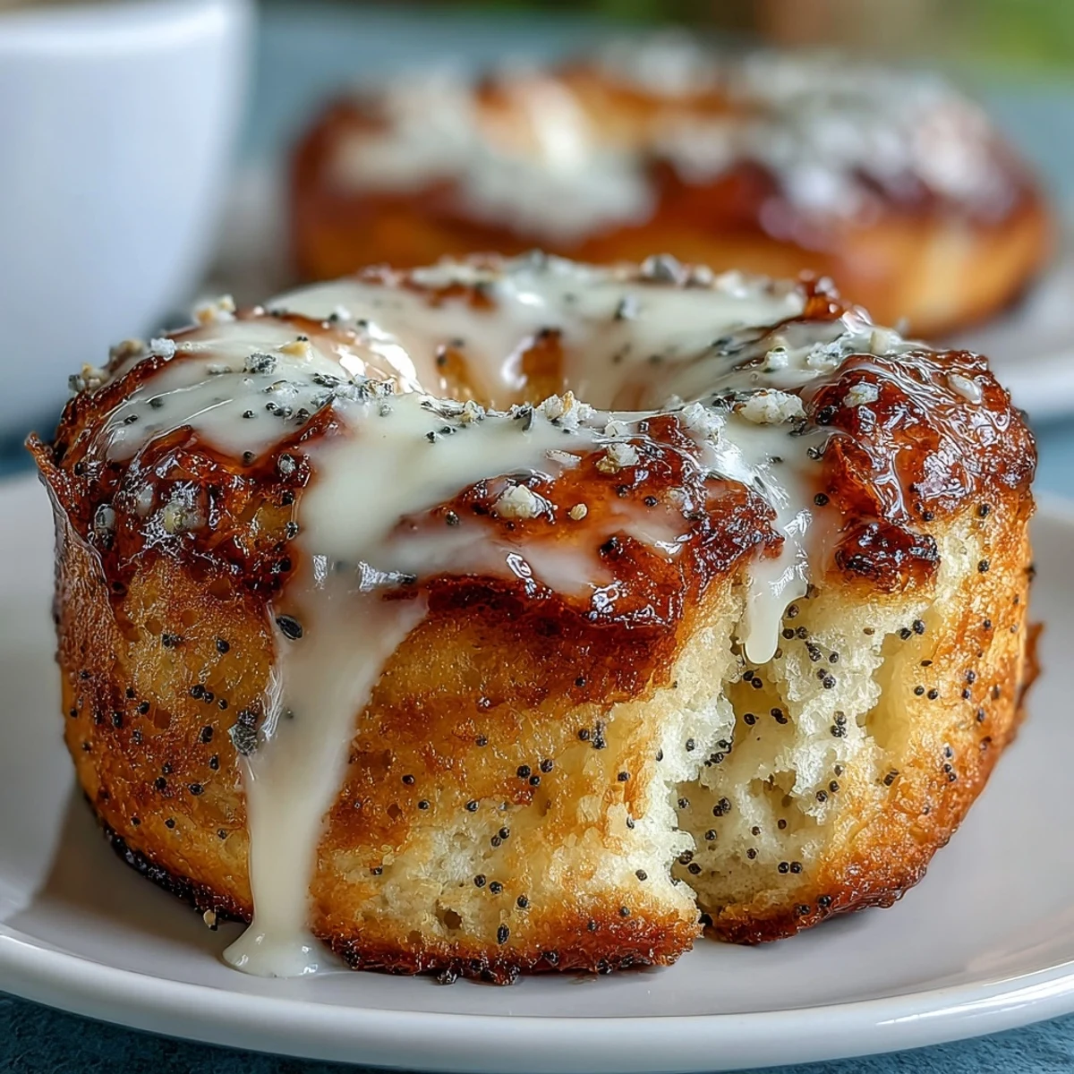 A tray of golden, protein-packed lemon poppy seed bagels with a glossy lemon glaze, perfect for a healthy breakfast.