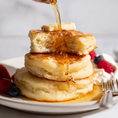 Deliciously airy Fluffy Buttermilk Pancakes topped with fresh berries and whipped cream.  