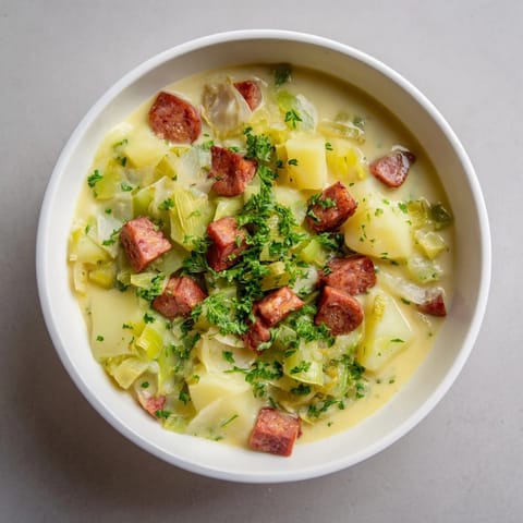 Creamy Potato, Leek & Chorizo Soup, offering the warmth of slow-simmered flavors with visible chorizo.