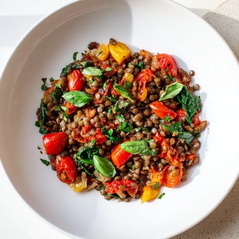 Steaming Lentil-Tomato Skillet overflowing with juicy tomatoes and fresh basil, ready to serve and enjoy.