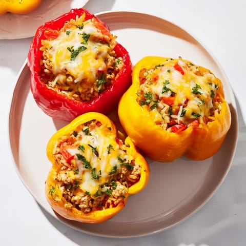 Savory stuffed peppers stuffed with ground turkey and rice, topped with melted cheese, promising a flavorful bite.