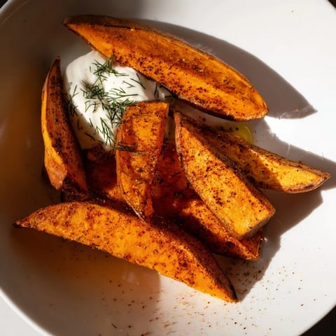 Close-up of delicious roasted sweet potato wedges, ready to be dipped and enjoyed.