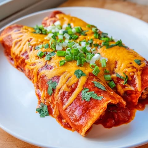 A baking dish filled with vibrant, red enchilada sauce and cheesy, rolled Cheesy Bean Enchiladas.