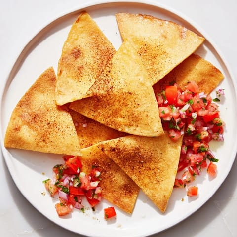 A close-up of air-fryer tortilla chips, perfectly golden brown, served with fresh, chunky salsa.